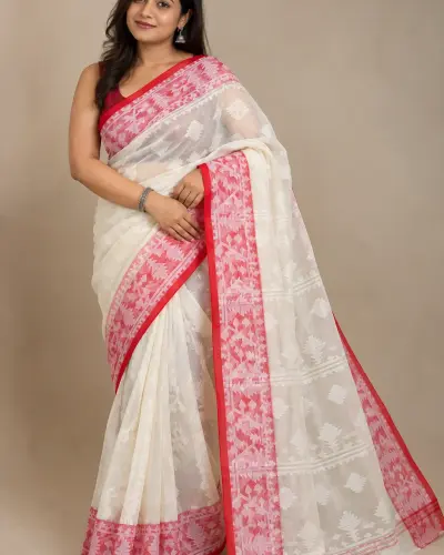 Muslin Trending White Red Saree