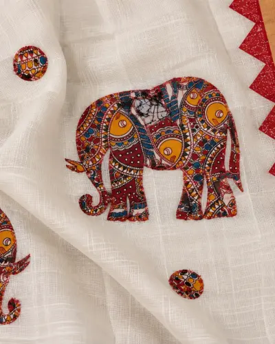 Shantipur Katha Stitched Black Elephant Saree