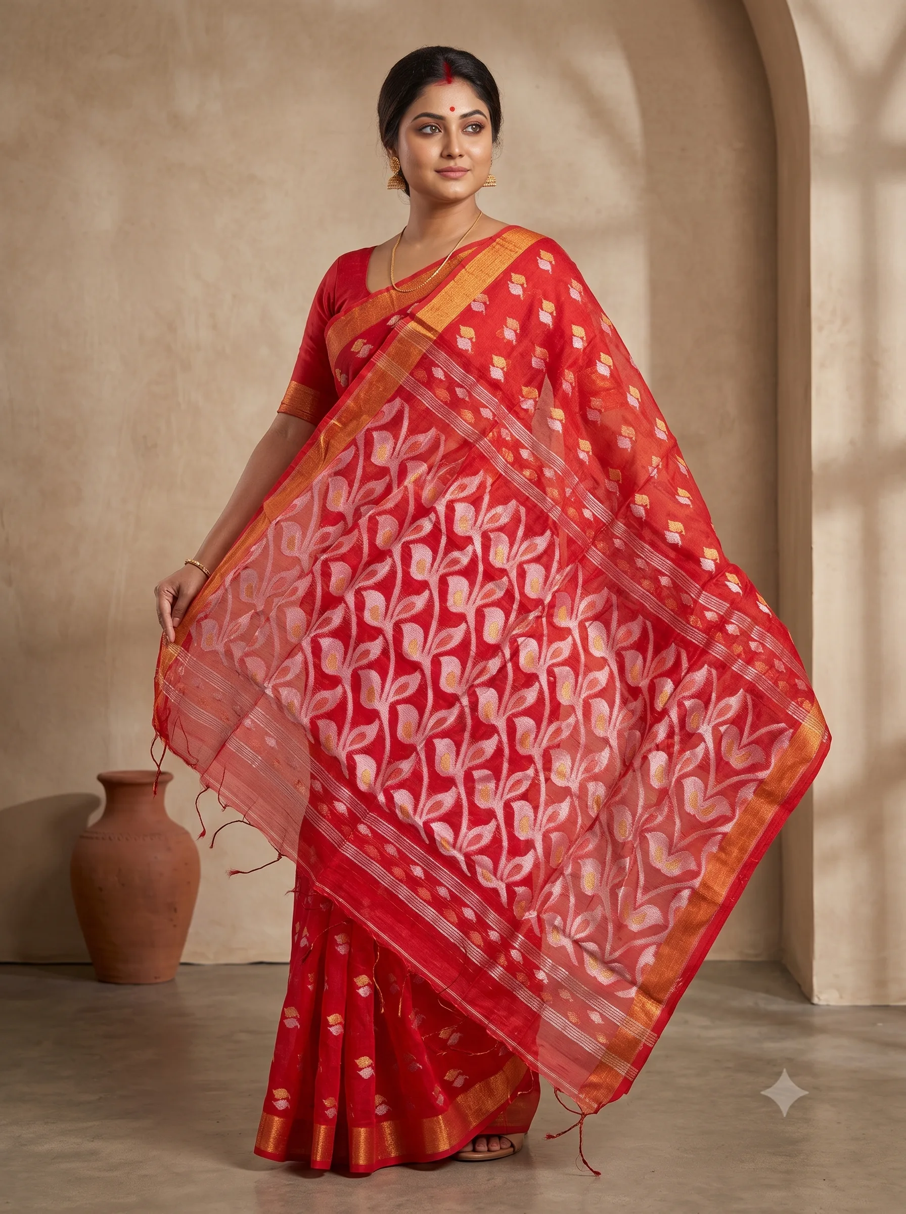 Handloom Mouchak Red Saree