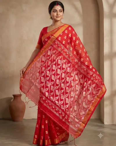 Handloom Mouchak Red Saree