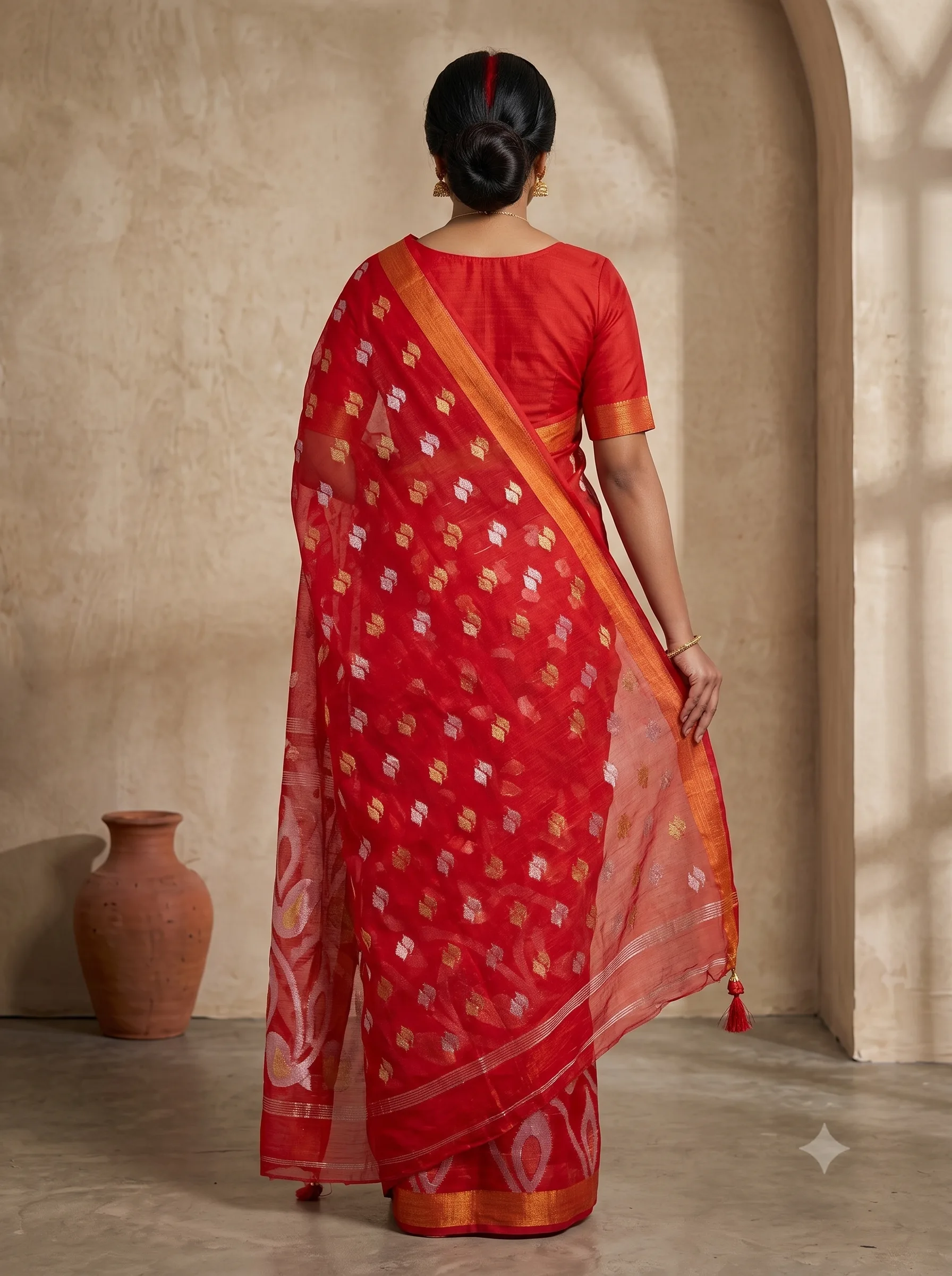 Handloom Mouchak Red Saree