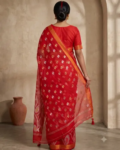 Handloom Mouchak Red Saree