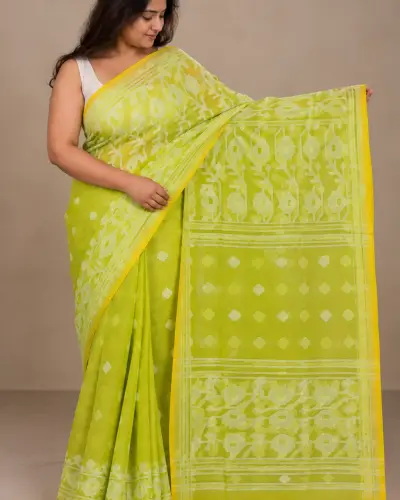 Muslin Trending Light Green Saree Shantipur West Bengal