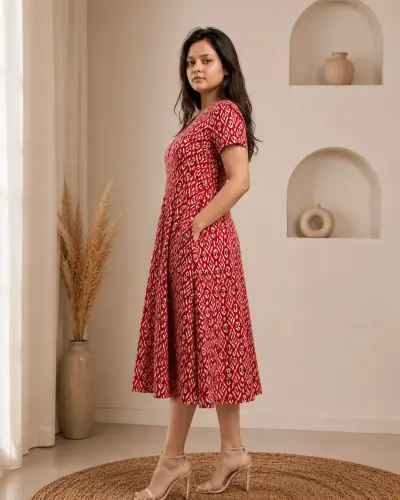 Kalamkari Print Pure Cotton Dress With Large Pockets both side