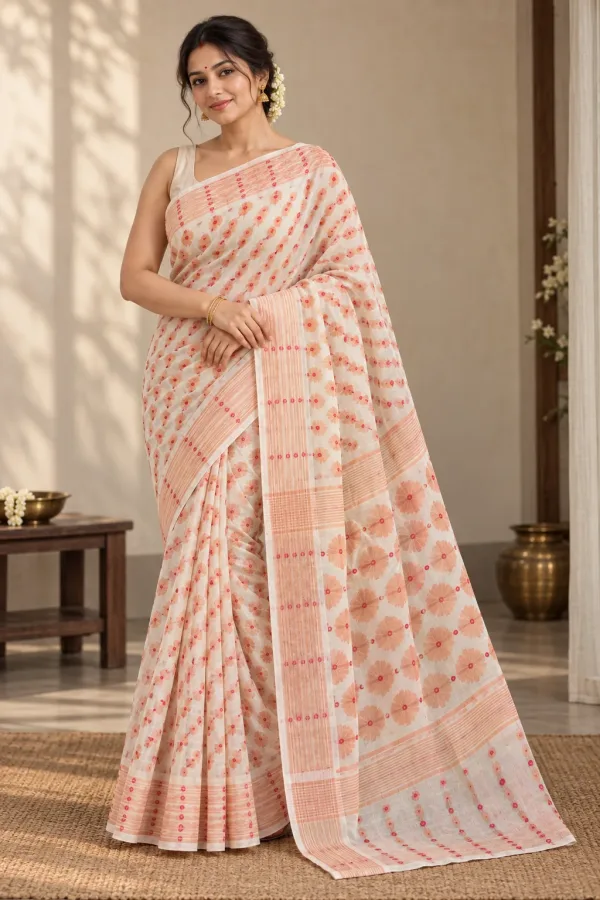 Handloom Flower White Saree