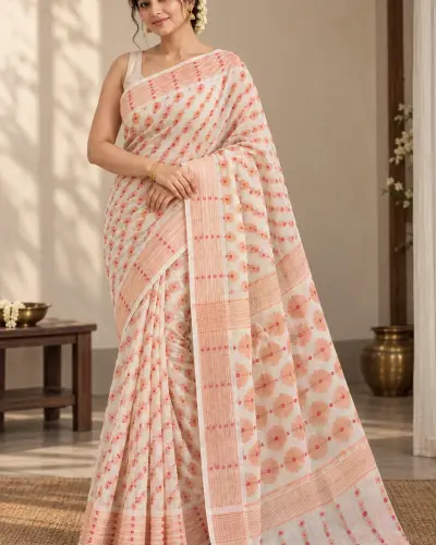 Handloom Flower White Saree