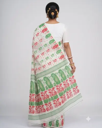 White Belpata Jamdani Saree Traditional Handloom Saree