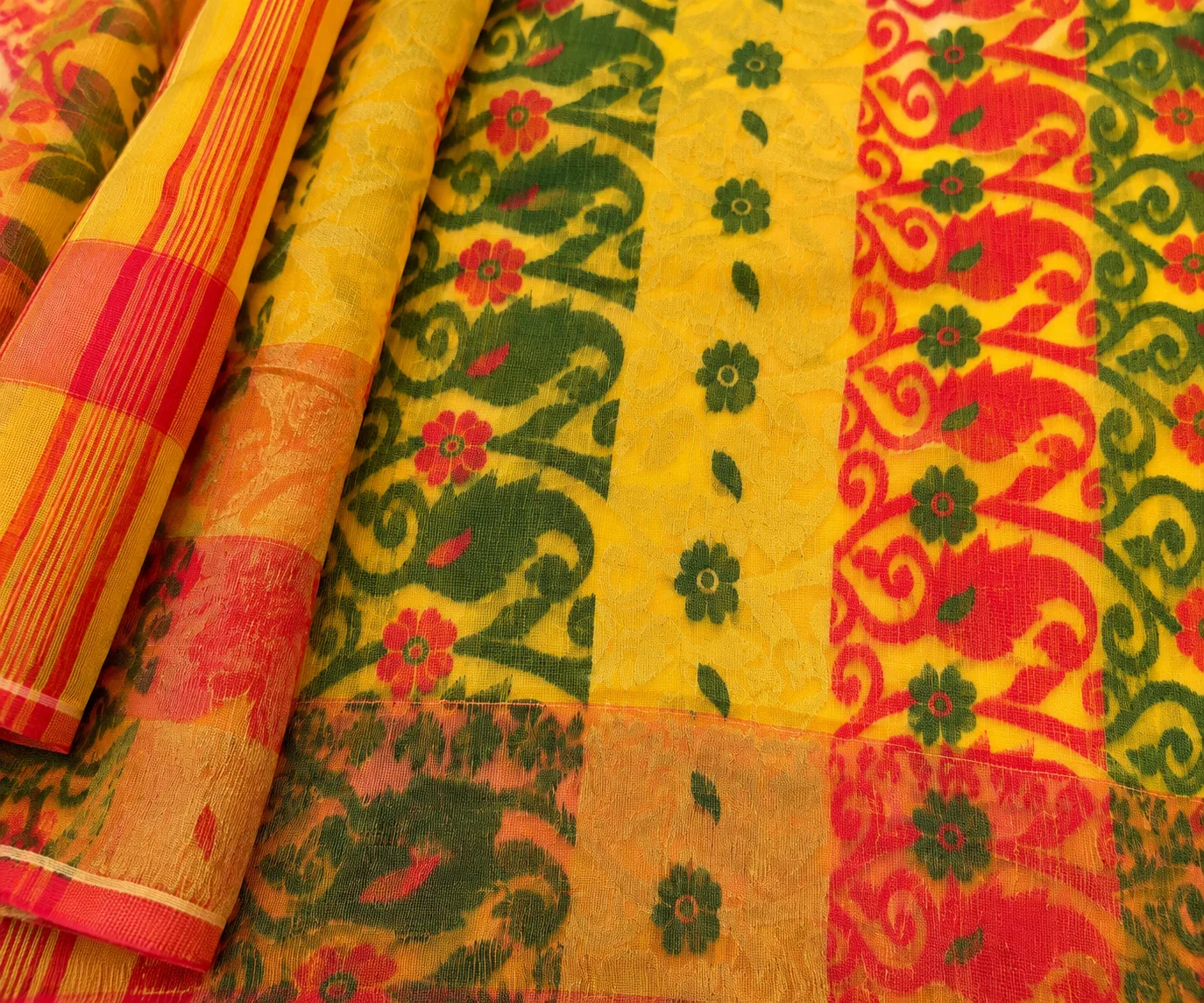 Yellow Kalka Baluchari Handloom Saree Bengali Saree