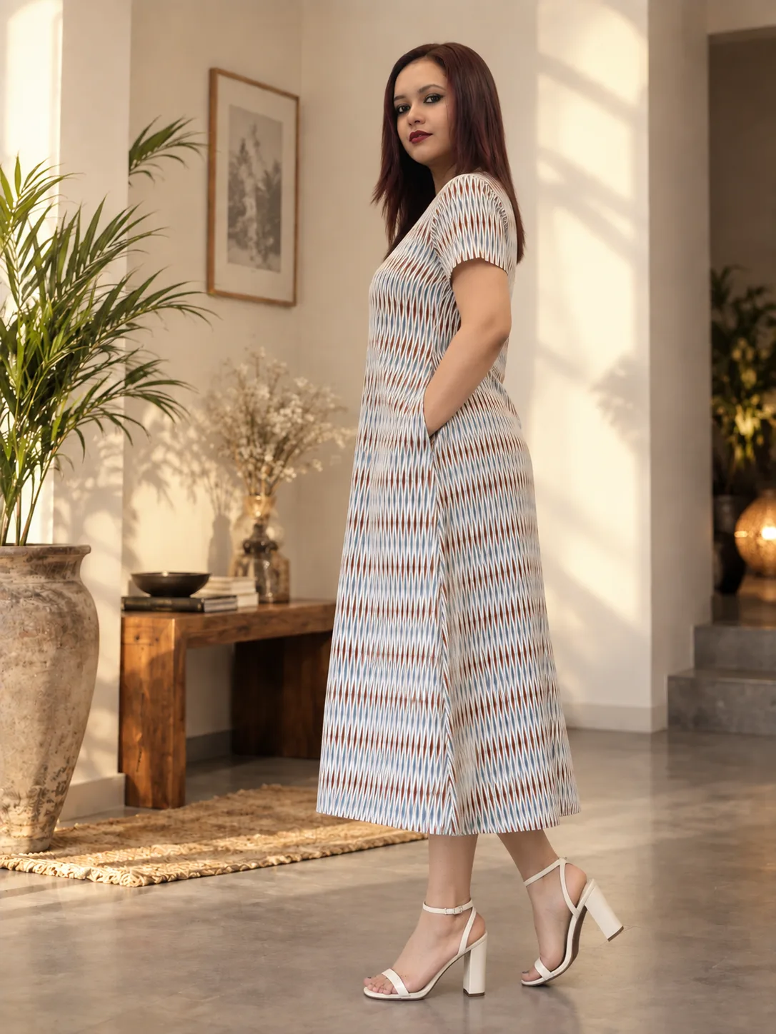 Cotton V-neck Dress With Large Pockets For Women