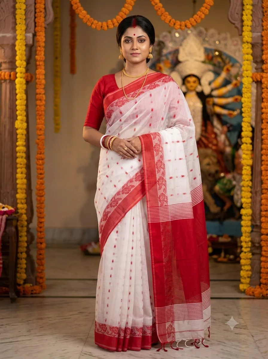 Shantipur Red White Puja Saree