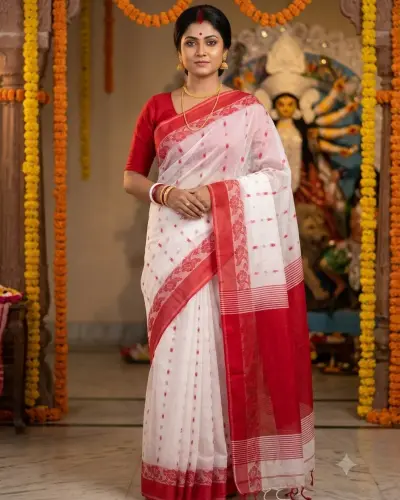 Shantipur Red White Puja Saree