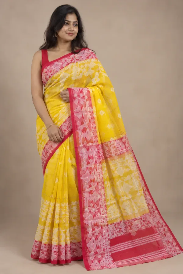 Muslin Trending Yellow Magenta Saree