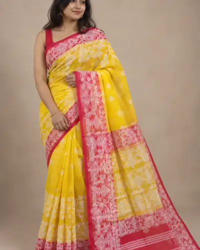 Muslin Trending Yellow Magenta Saree