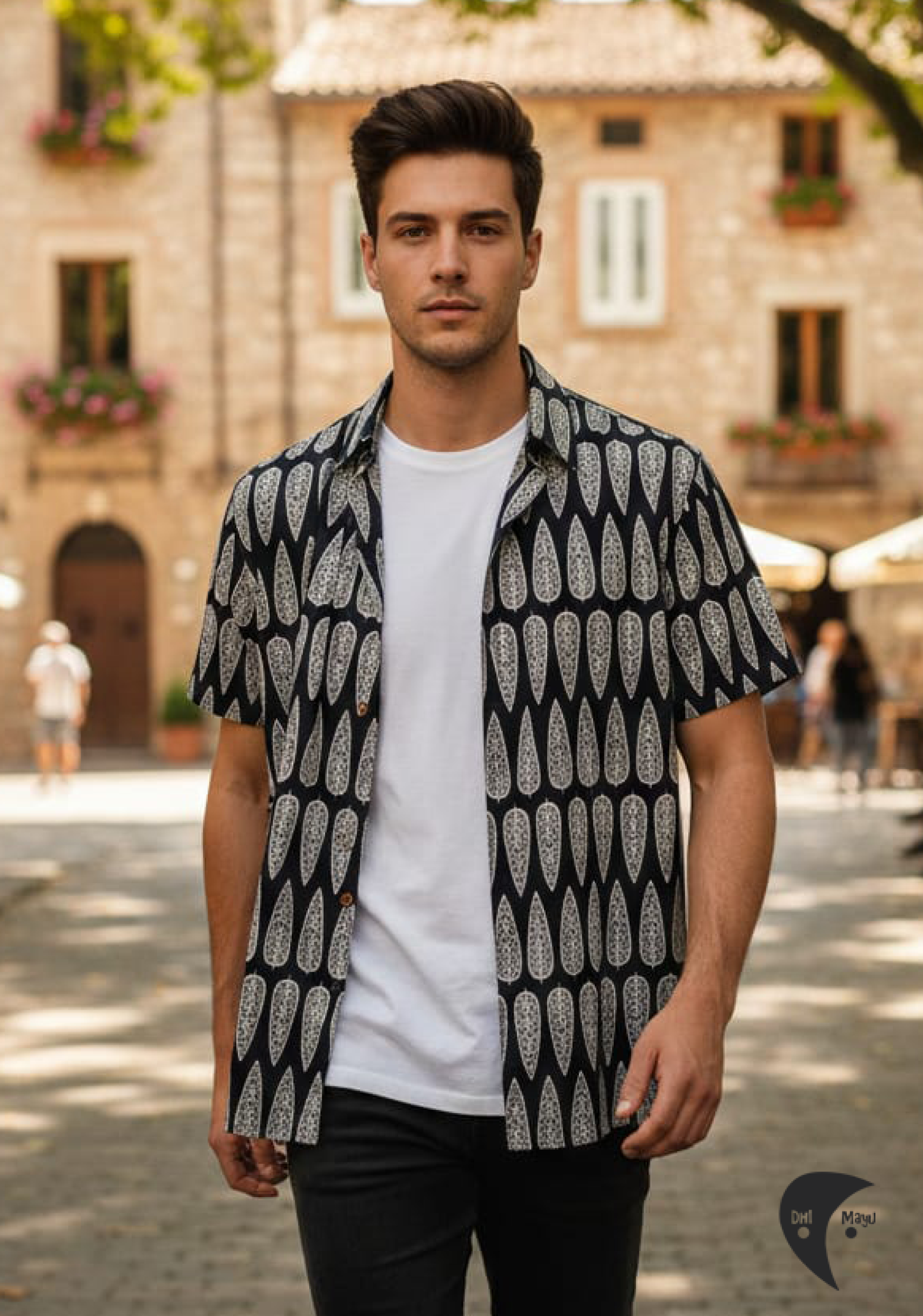 White Motif On Black Shirt Pure Cotton Shirt