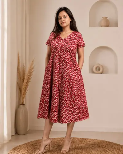 Kalamkari Print Pure Cotton Dress With Large Pockets both side