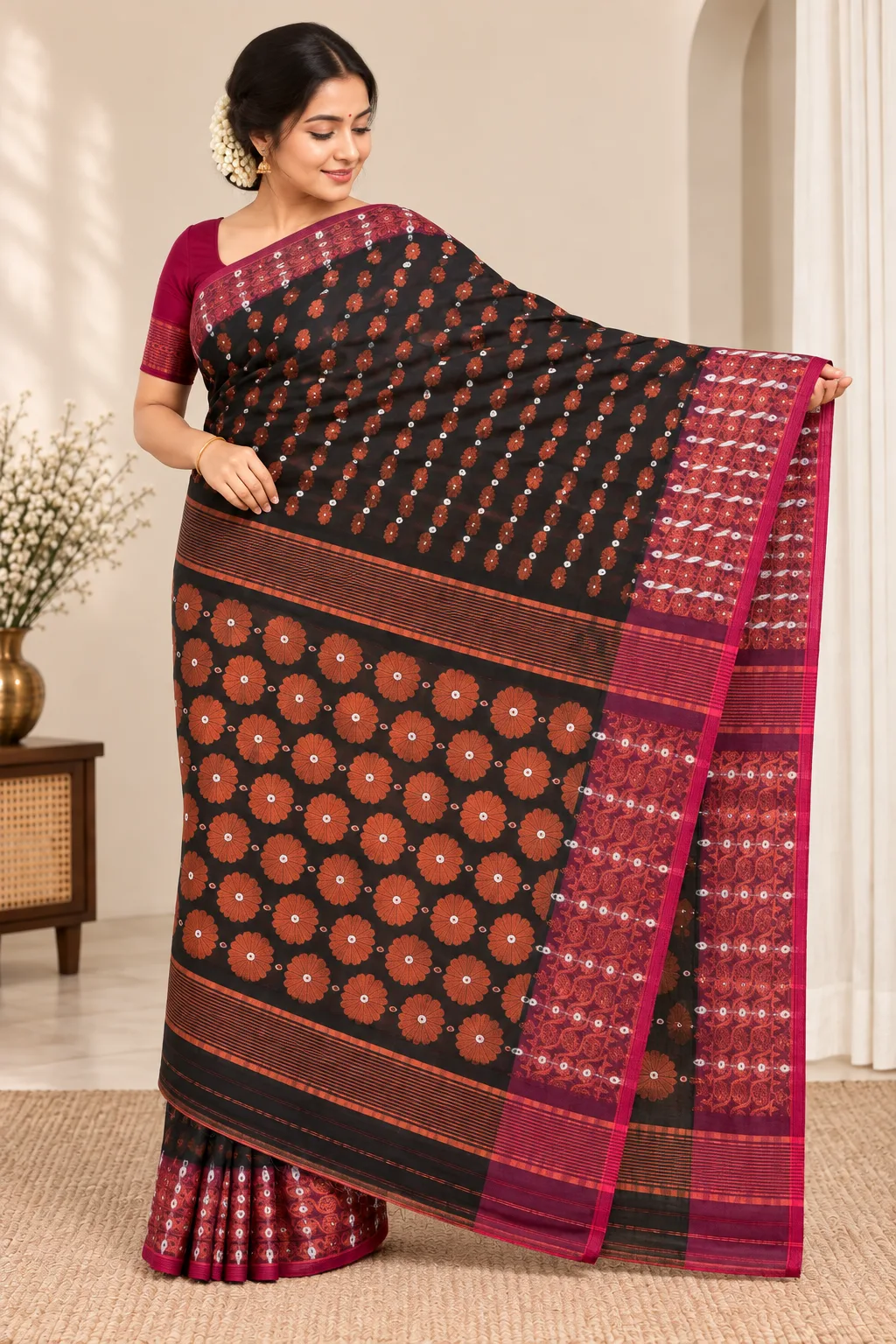 Handloom Flower Black Saree