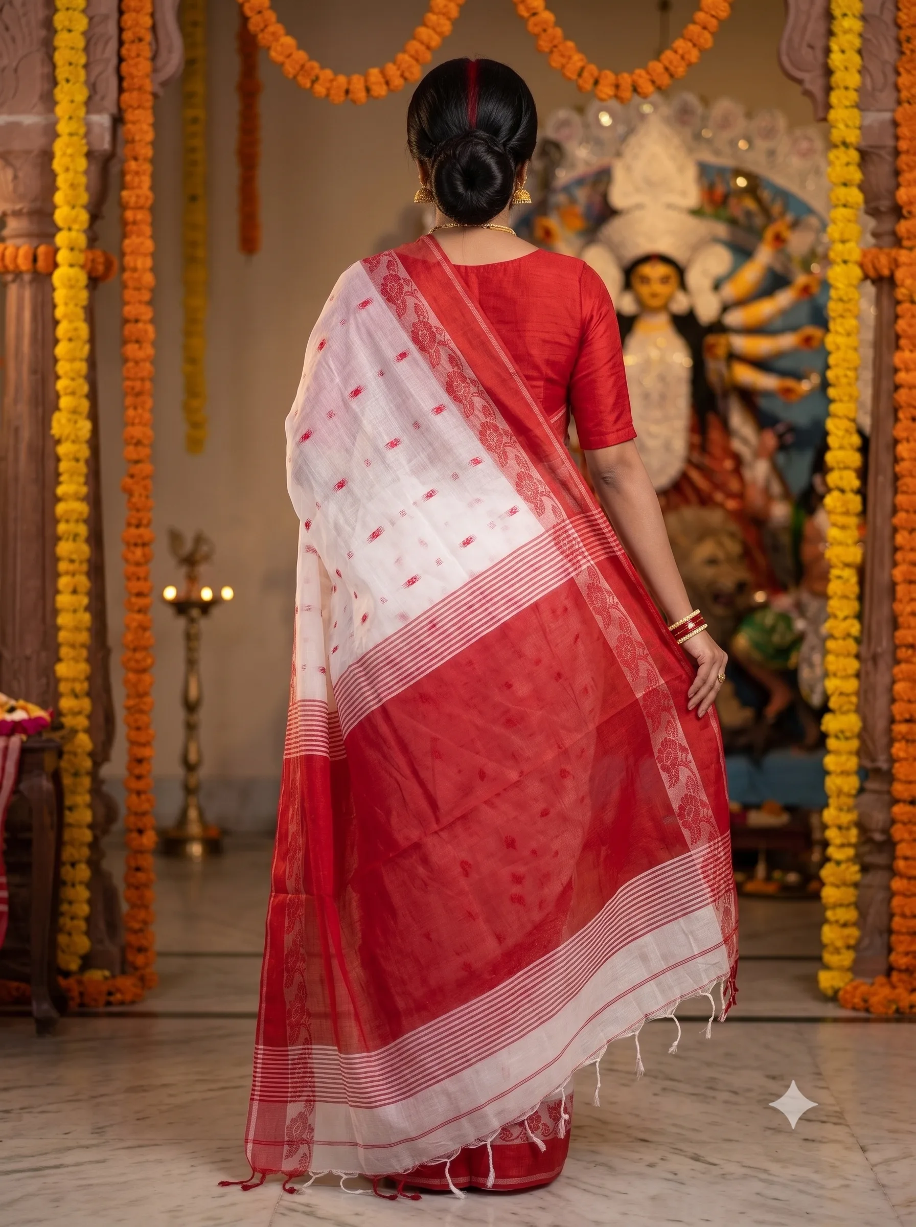 Shantipur Red White Puja Saree