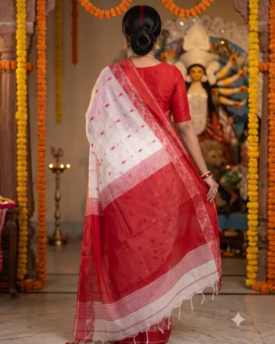 Shantipur Red White Puja Saree