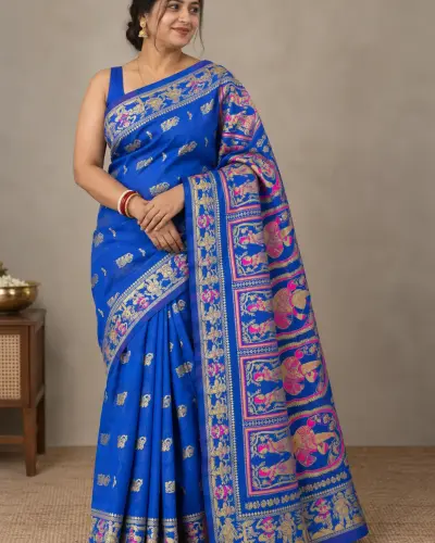 Kanji Banan Blue Silk Saree