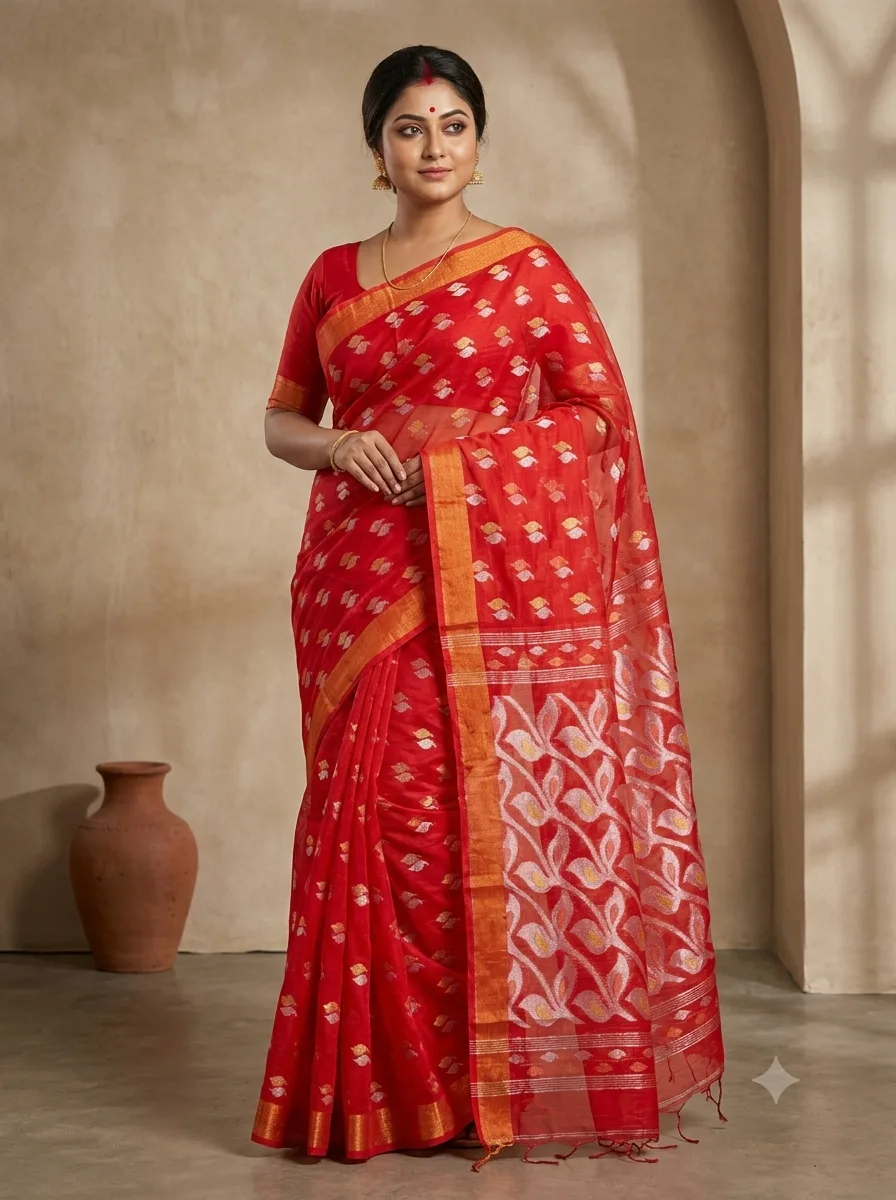 Handloom Mouchak Red Saree