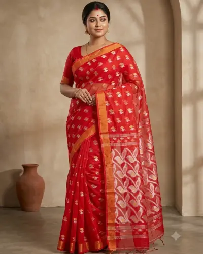 Handloom Mouchak Red Saree