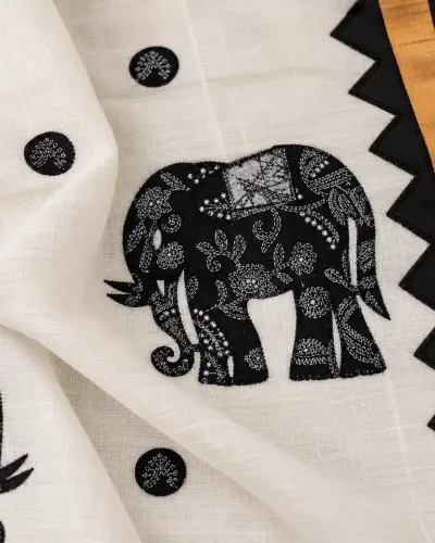 Shantipur Katha Stitched Black Elephant Saree