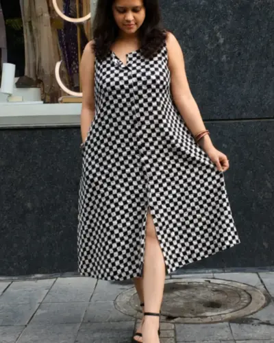 Checkmate Pure Cotton Dress With Large Pockets Both Sides