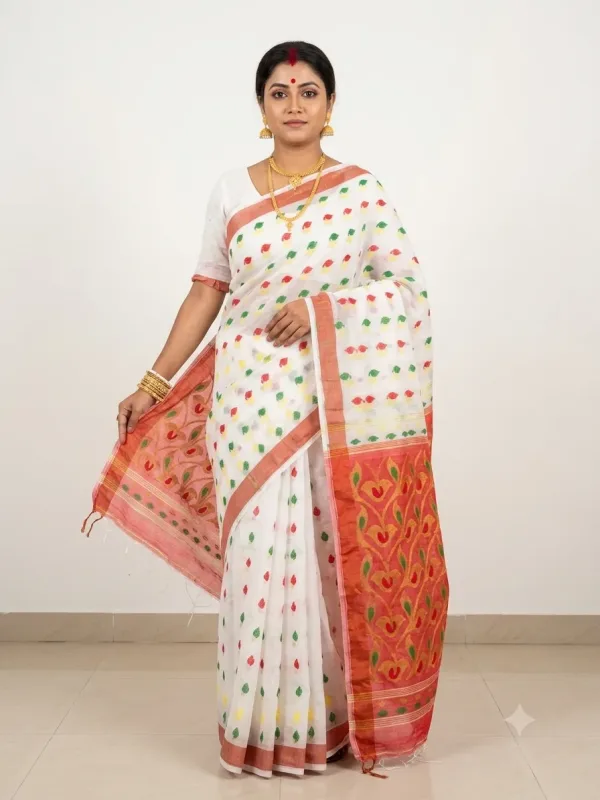 Handloom Mouchak White Saree