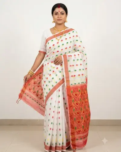 Handloom Mouchak White Saree