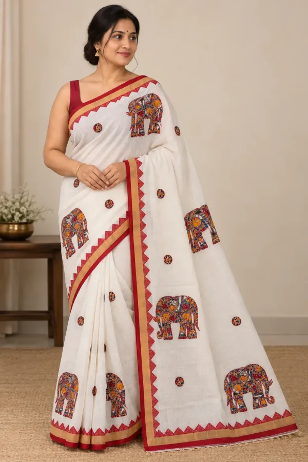 Shantipur Katha Stitched Black Elephant Saree