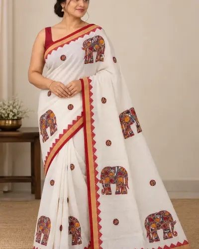 Shantipur Katha Stitched Black Elephant Saree