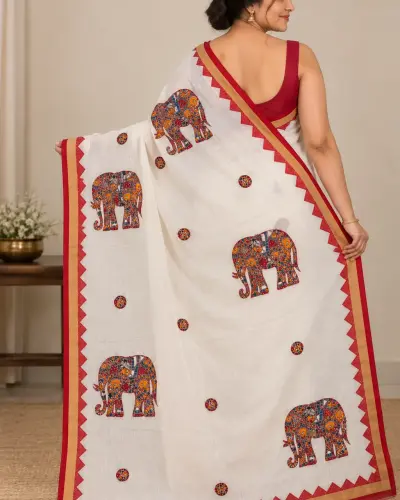 Shantipur Katha Stitched Black Elephant Saree