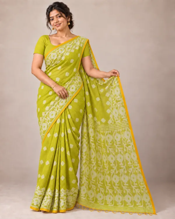 Muslin Trending Light Green Saree Shantipur West Bengal