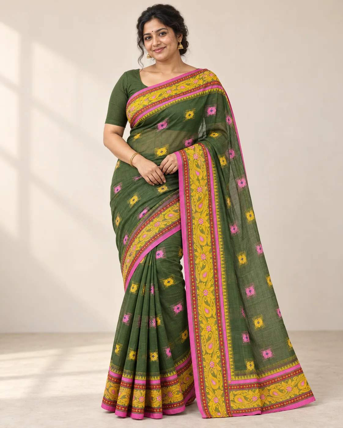Pure Cotton Shantipur Deep Green Saree