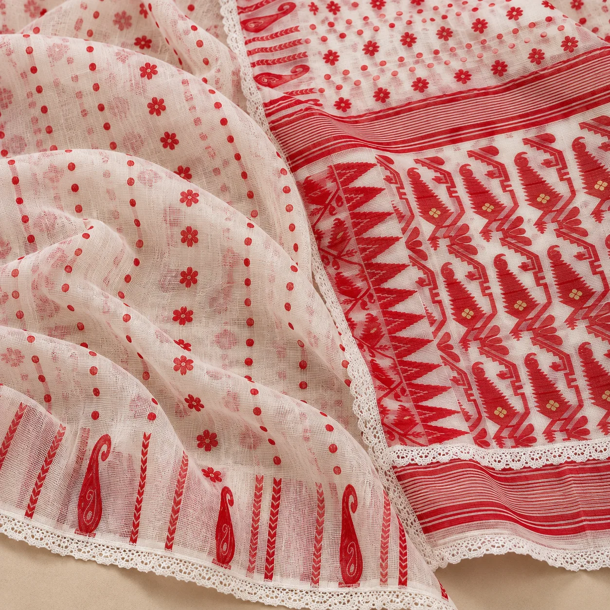 Customised Achal Red White Saree