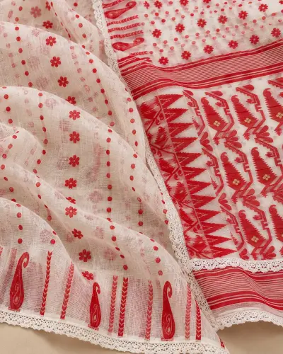 Customised Achal Red White Saree