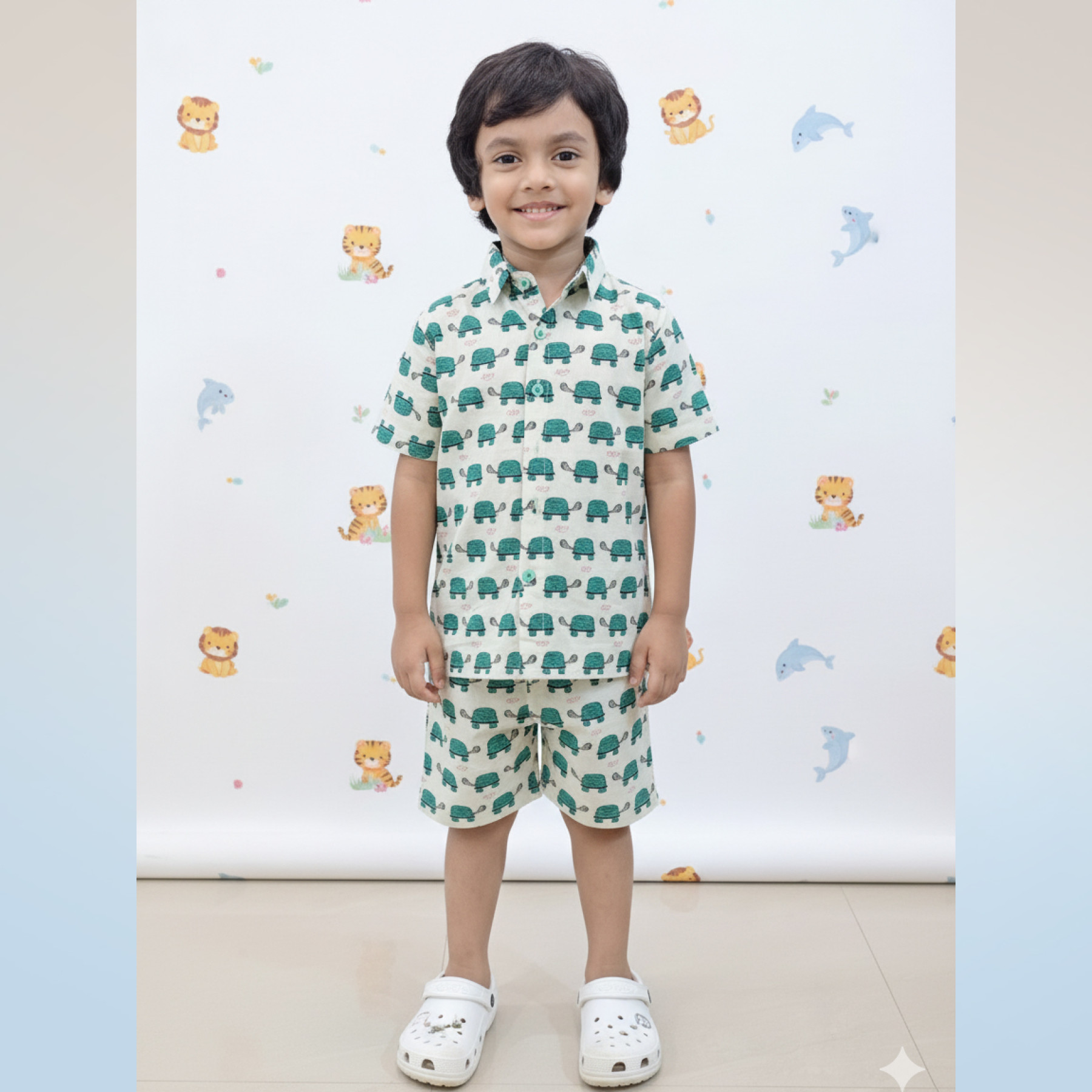 Kids Cotton Half Sleeves Shirt Shorts Set With turtle print Green