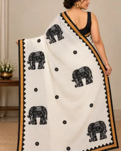 Shantipur Katha Stitched Black Elephant Saree