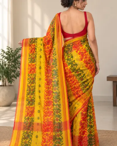 Yellow Kalka Baluchari Handloom Saree Bengali Saree
