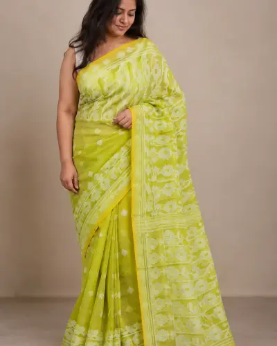 Muslin Trending Light Green Saree Shantipur West Bengal