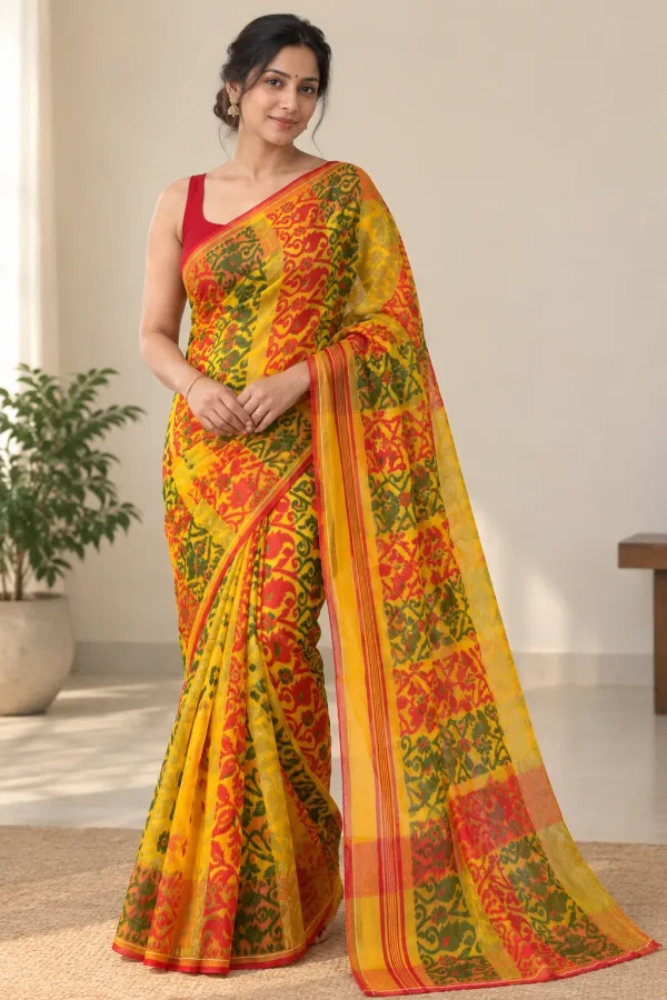 Yellow Kalka Baluchari Handloom Saree Bengali Saree