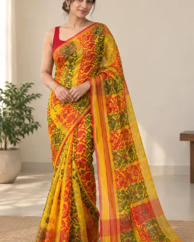 Yellow Kalka Baluchari Handloom Saree Bengali Saree