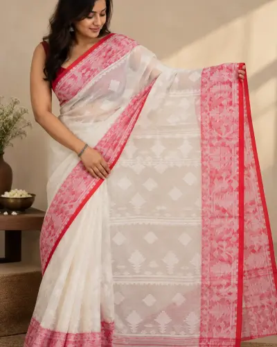 Muslin Trending White Red Saree