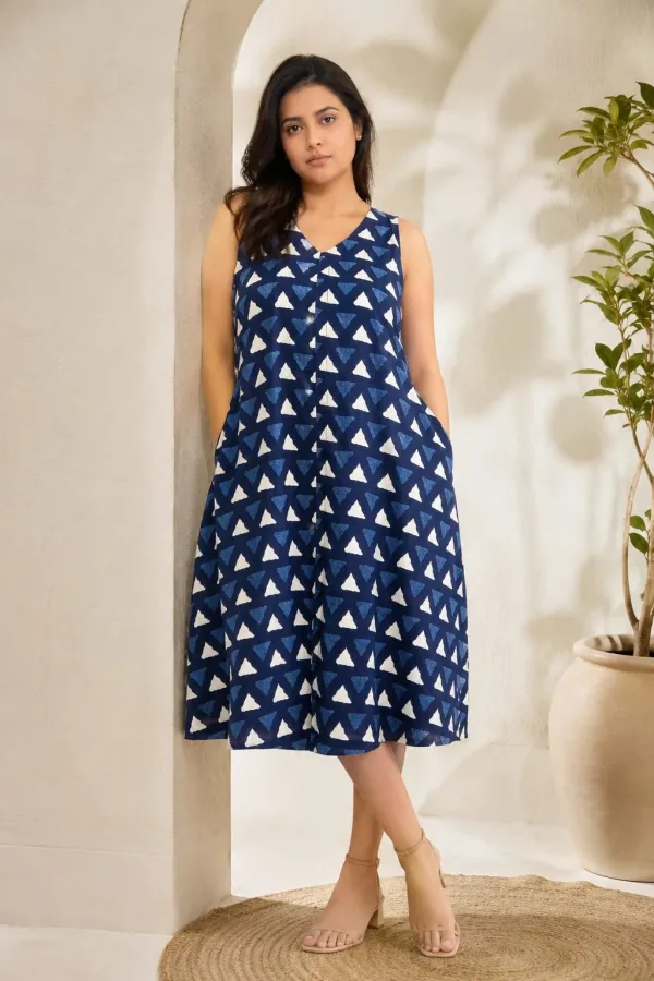 Indigo Pure Cotton Dress with Large Pockets