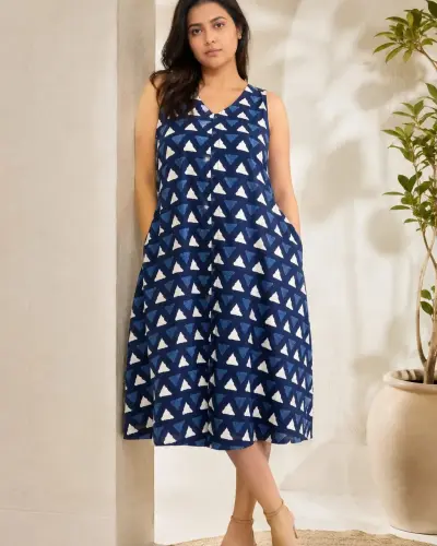 Indigo Pure Cotton Dress with Large Pockets