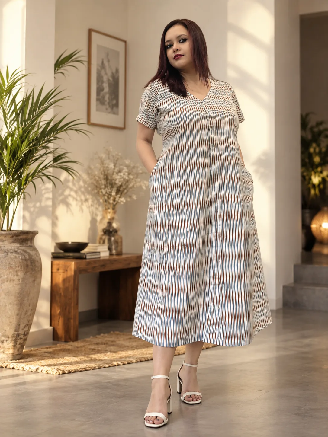 Cotton V-neck Dress With Large Pockets For Women