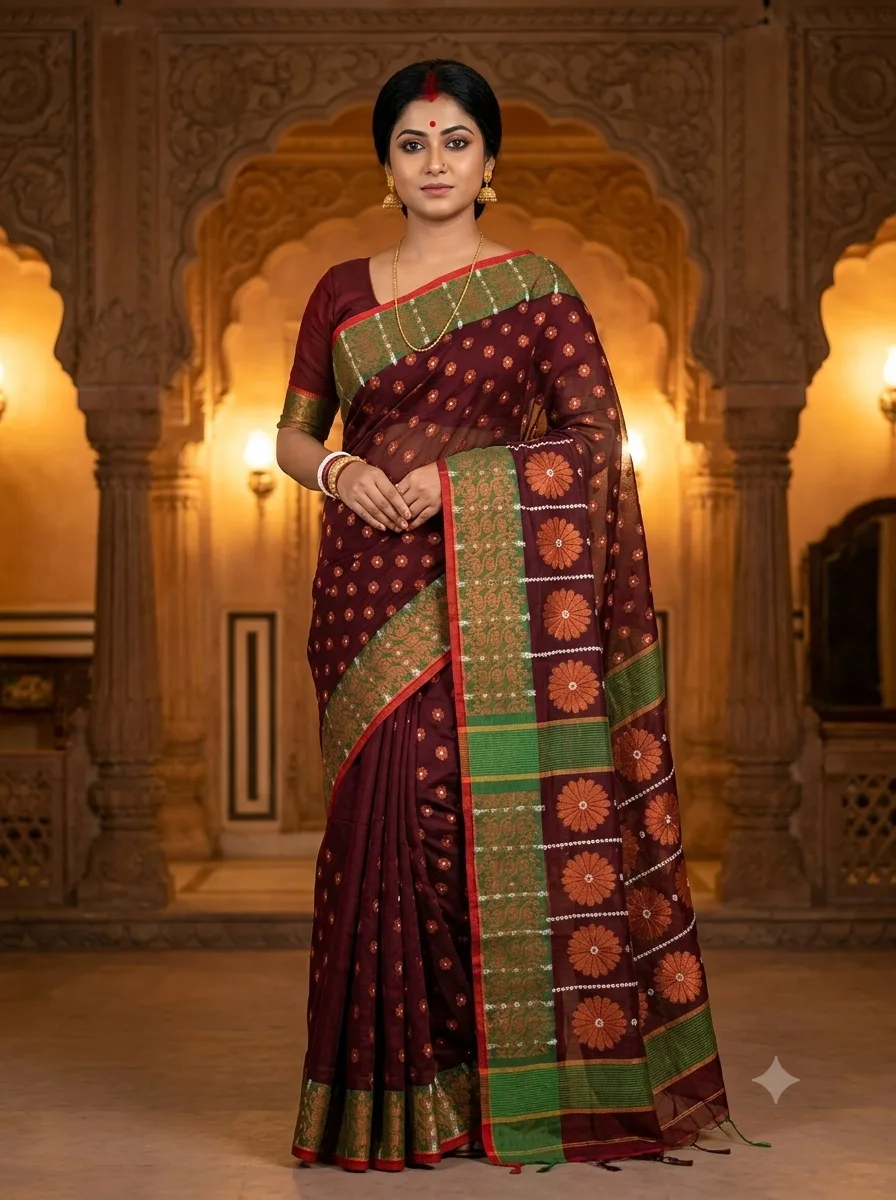 Handloom Flower Wine Red Saree