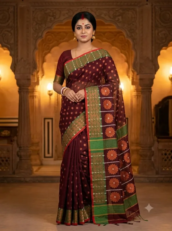 Handloom Flower Wine Red Saree