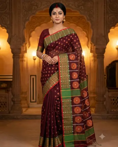 Handloom Flower Wine Red Saree