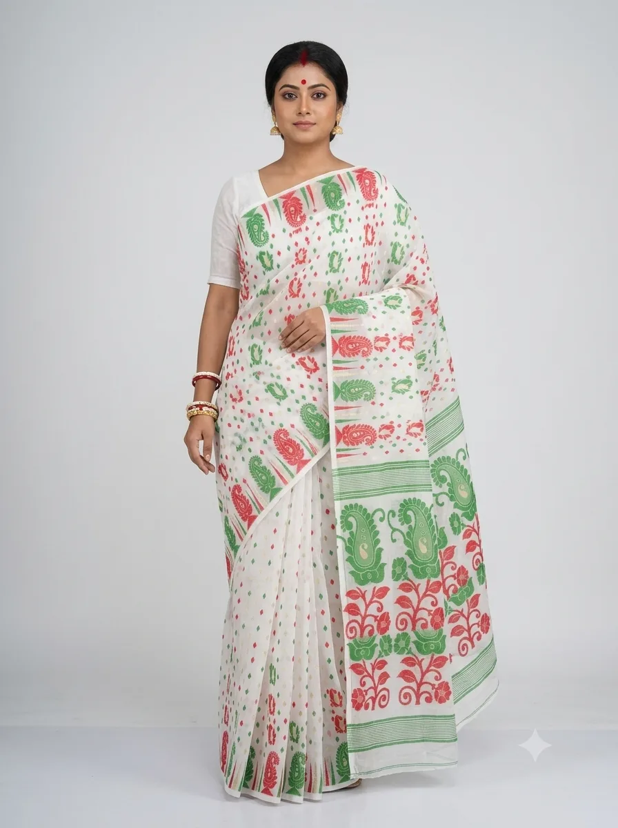 White Belpata Jamdani Saree Traditional Handloom Saree